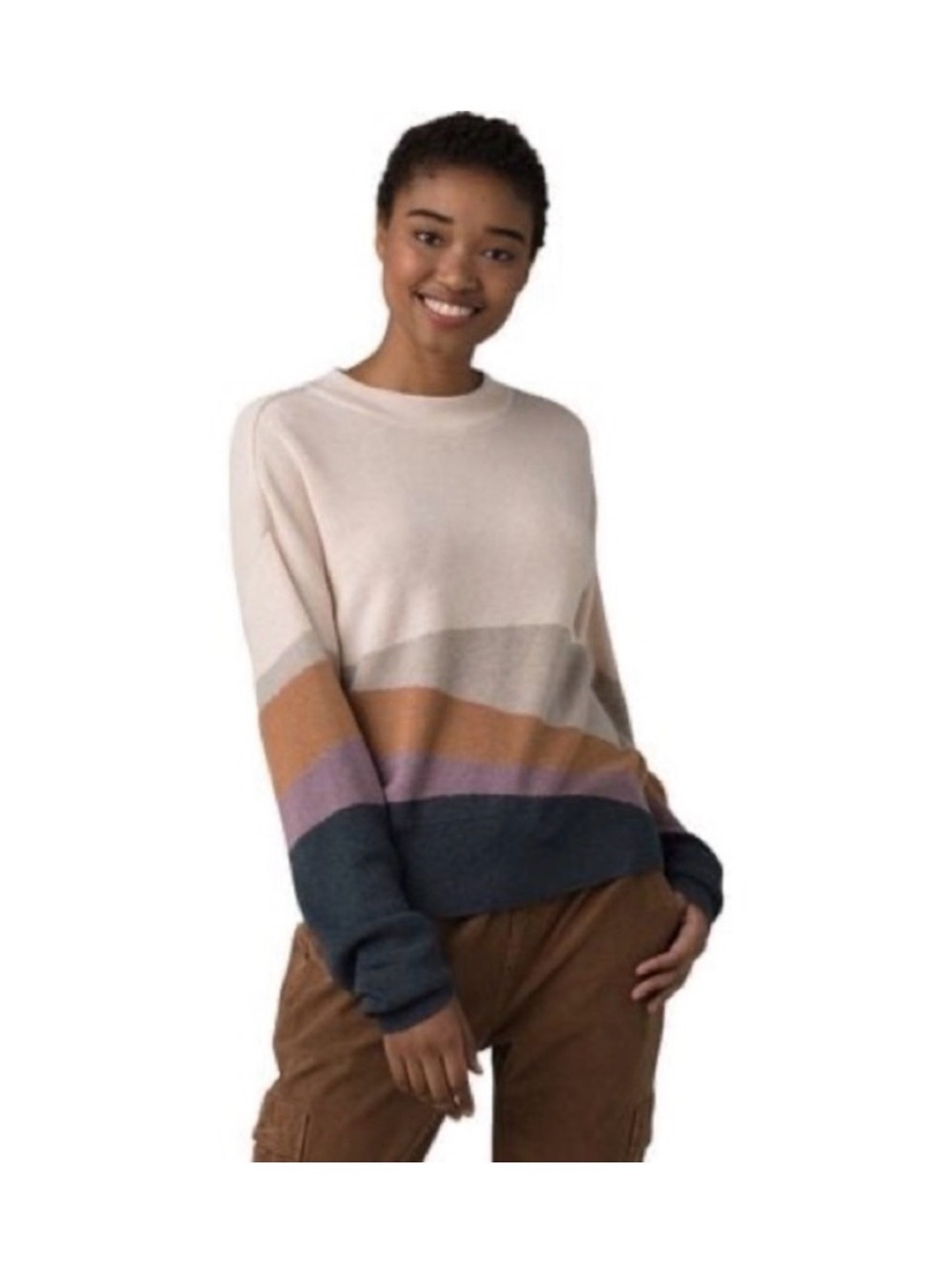 Prana NWT Women's Multi-Stripe Crewneck Sweater - Cream & Brown